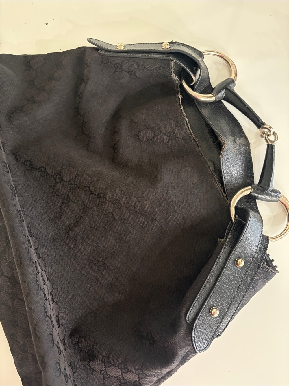 Authentic Gucci Black Canvas Horsebit Ring Hobo Shoulder Bag (Large) - Picture 10 of 12